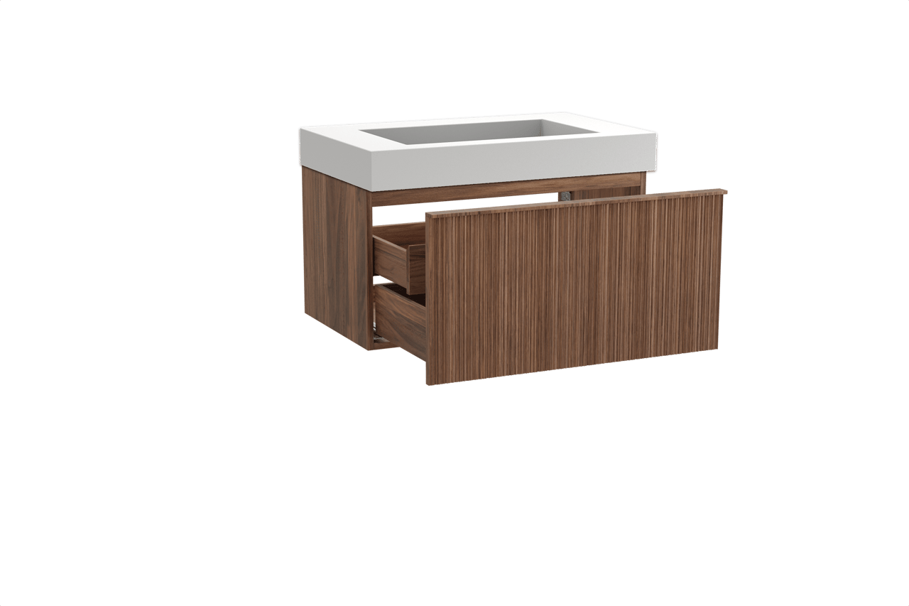 Balmani Forma zwevend badkamermeubel 90 x 55 cm amerikaanse notelaar met Modus enkele wastafel in solid surface mat wit, Verticale asymmetrische ronde ribbel