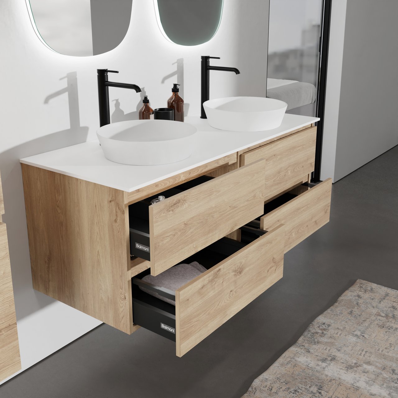 Balmani Lucida meuble salle de bains suspendu 135 x 55 cm chêne brut avec Stretto tablette simple ou double en solid surface blanc mat