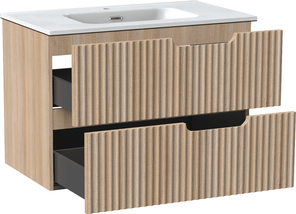 Linie Ribbo meuble salle de bains suspendu 80 x 46 cm chêne clair avec Baro plan simple en porcelaine blanc brillant, Nervure circulaire symétrique verticale