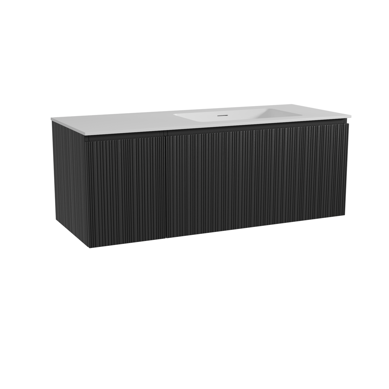 Storke Ribs meuble salle de bains suspendu 130 x 52 cm chêne noir avec Mata vasque asymétrique droite en solid surface blanc mat, Nervure droite asymétrique verticale