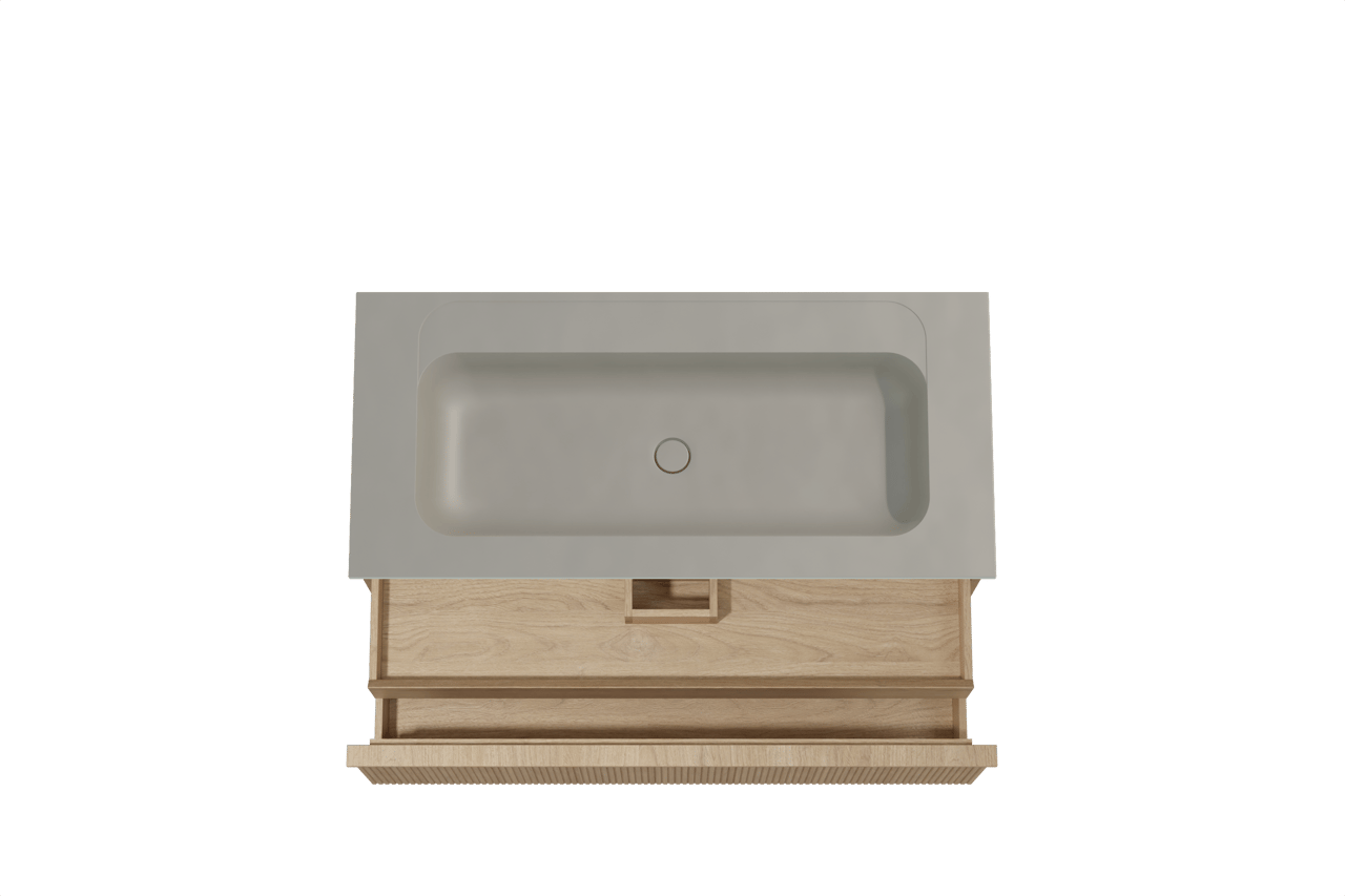 Balmani Forma hängendes Möbelstück Set: 120 x 55 cm, Naturbelassene Eiche, mit Tablo Strada Einzelwaschtisch für 2 Armaturenlöcher, Marmorkomposit, Seidengrau, Vertikale symmetrische gerade Rippe