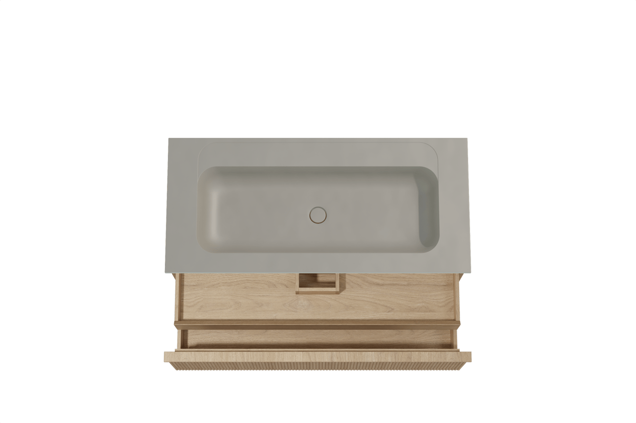 Balmani Forma meuble salle de bains suspendu 120 x 55 cm chêne naturel avec Tablo Strada plan simple pour 2 trous de robinet en marbre composite soie grise, Nervure droite symétrique verticale