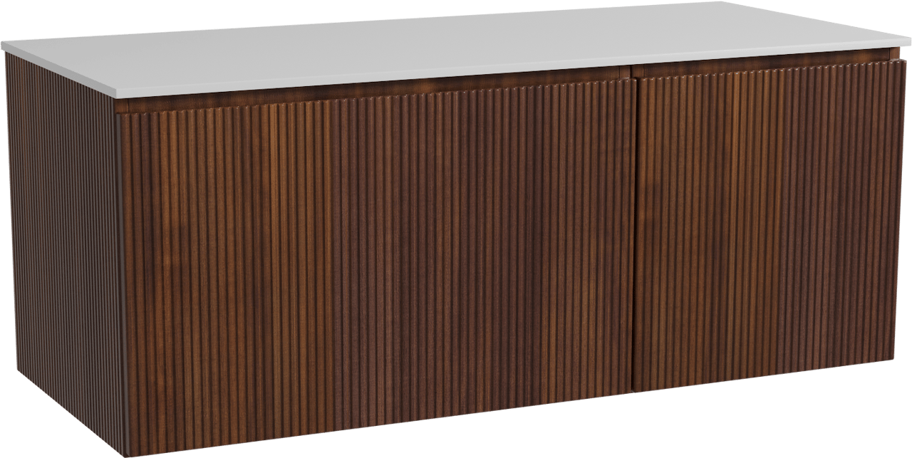 Storke Ribs zwevend badmeubel 120 x 52 cm notenhout met Tavola enkel of dubbel wastafelblad in solid surface mat wit, Verticale symmetrische rechte ribbel
