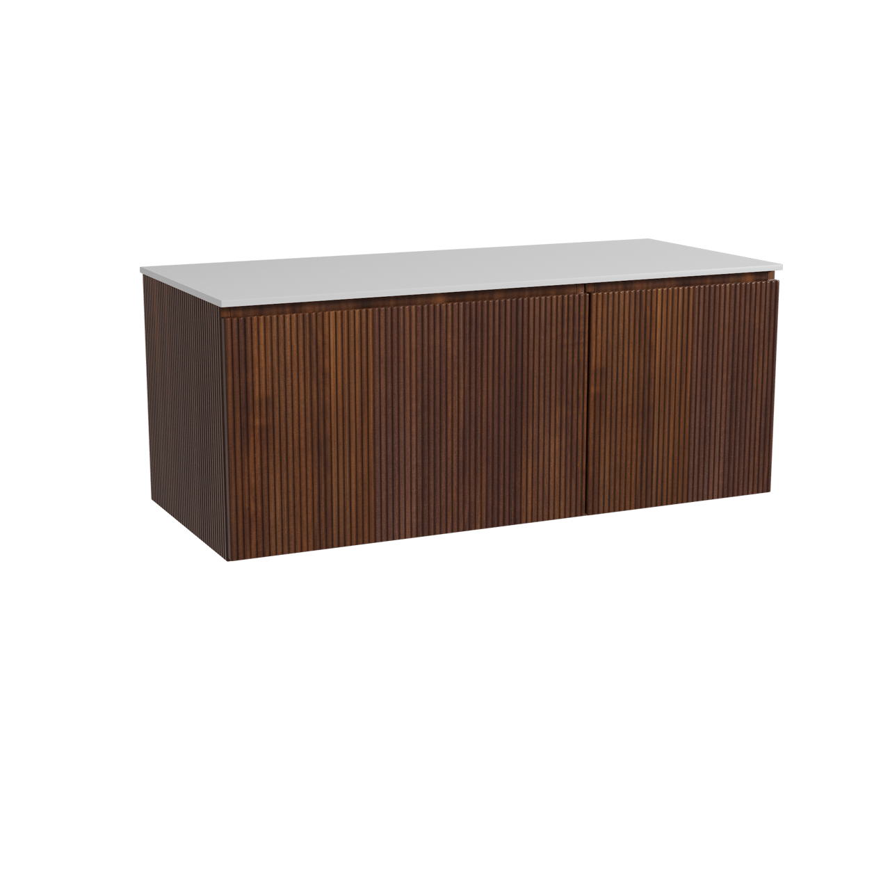Storke Ribs zwevend badmeubel 120 x 52 cm notenhout met Tavola enkel of dubbel wastafelblad in solid surface mat wit, Verticale symmetrische rechte ribbel