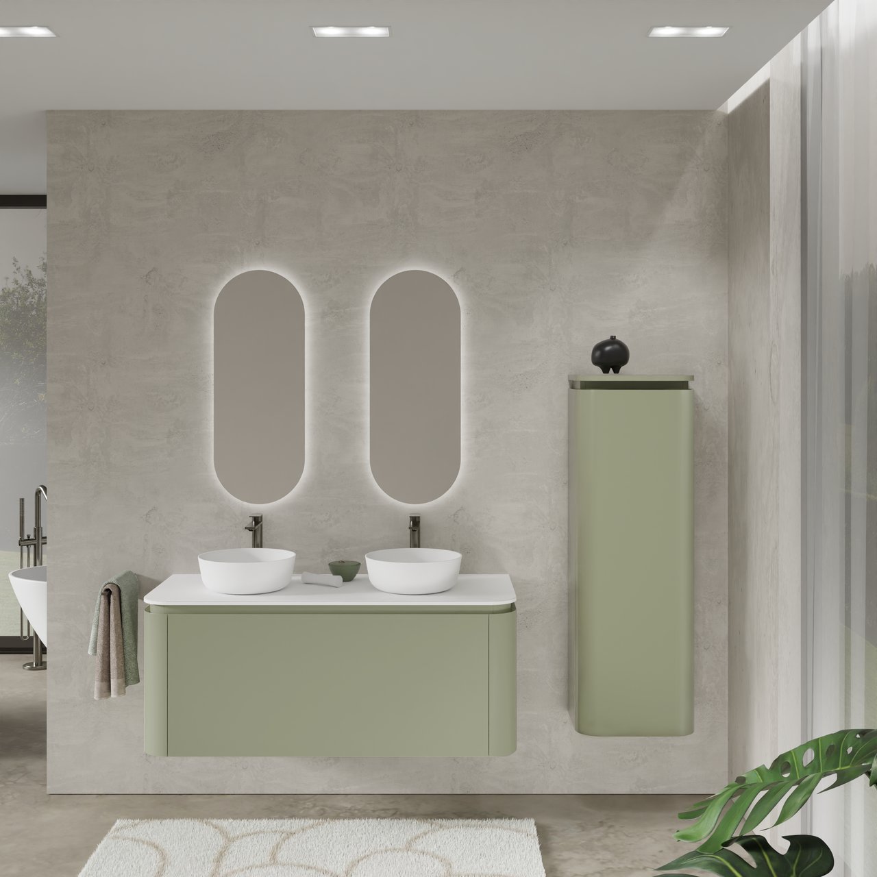 Balmani Moon hängendes Möbelstück Set: 130 x 55 cm, SalbeigrÃ¼n, mit Moon Einzel- oder Doppel Waschtischplatte, Solid Surface Weiß matt mit 2 Zone Aufsatzwaschbecken und 2 Giro Badspiegel