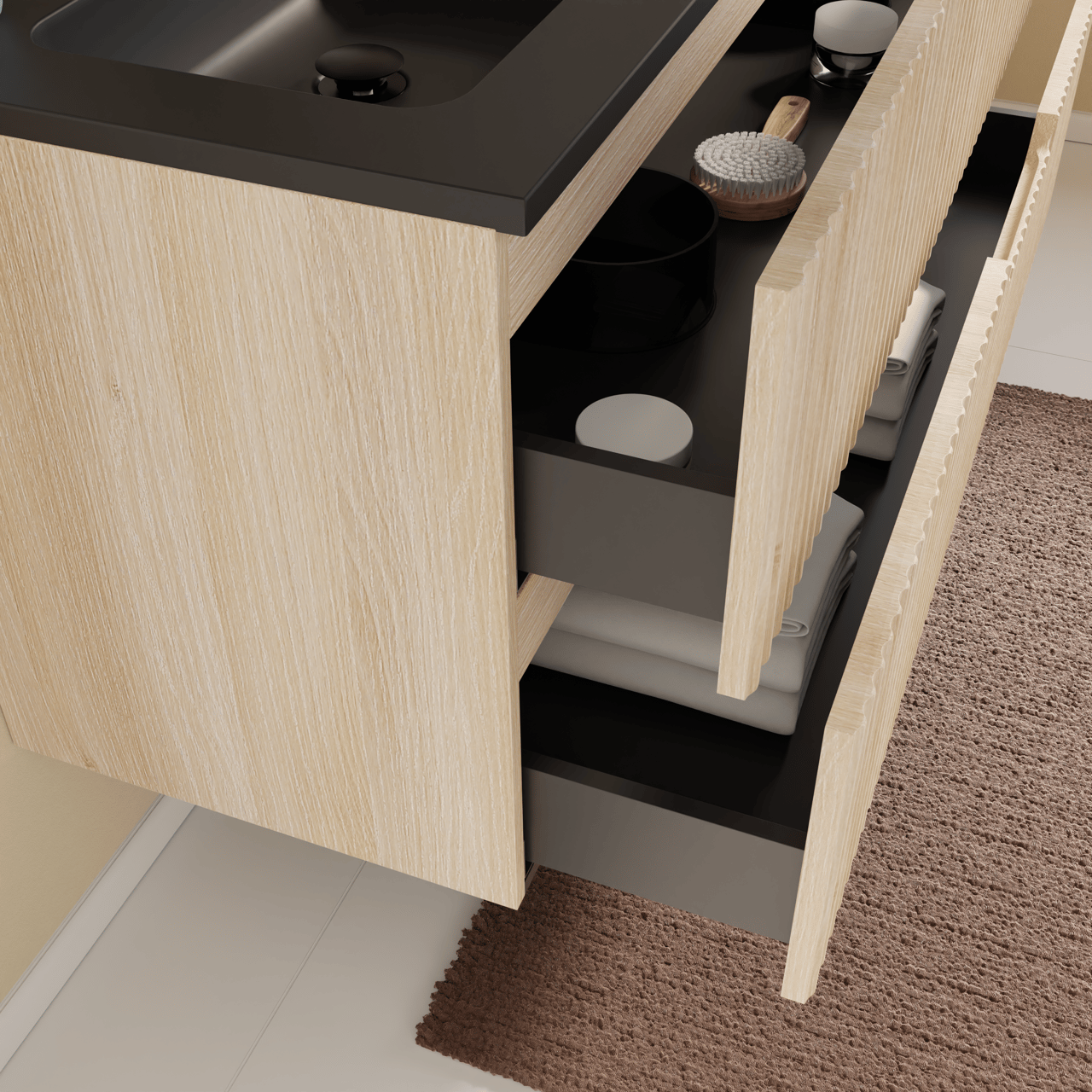 Linie Ribbo hängendes Möbelstück Set: 80 x 46 cm, Helle Eiche, mit Vano Einzelwaschtisch, Marmorkomposit, Schwarz matt, Vertikale symmetrische runde Rippe