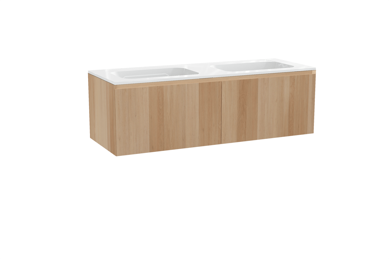 Balmani Idra hängendes Möbelstück Set: 150 x 55 cm, Naturbelassene Eiche, mit Tablo Strada Doppelwaschtisch, Marmorkomposit Weiß glänzend