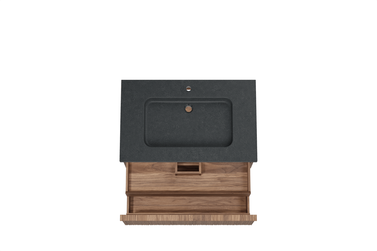 Balmani Forma zwevend badkamermeubel 90 x 55 cm amerikaanse notelaar met Napoli enkele wastafel in graniet zwart, Verticale asymmetrische ronde ribbel