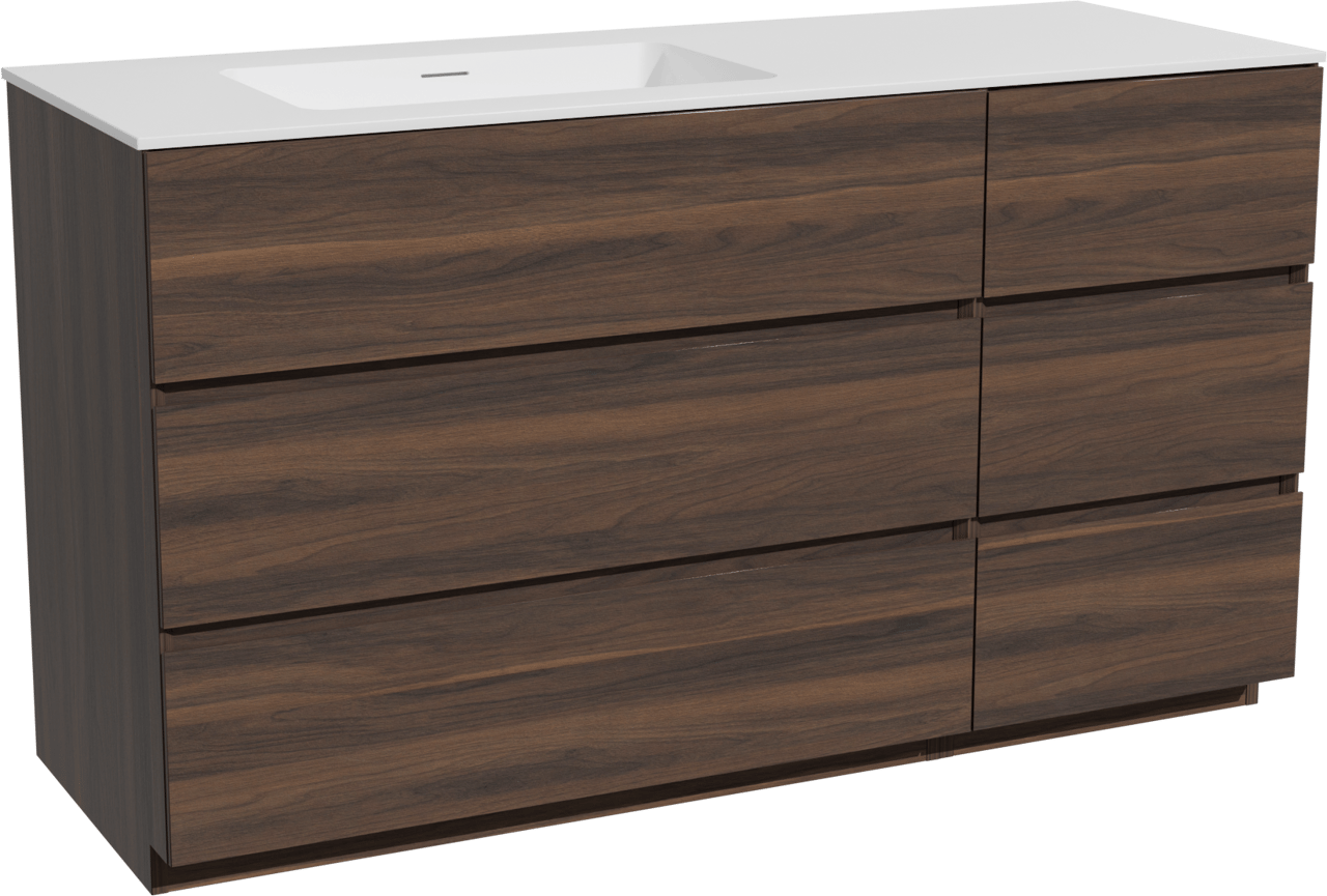 Storke Edge freistehendes Möbelstück Set: 140 x 52 cm, Nussbaum, mit Mata Waschtisch links, Solid Surface Weiß matt