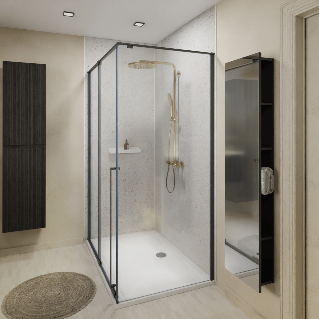 Storke Badhochschrank: Hängend, Offen mit Spiegel, Schwarz matt, 36 x 16 x 154 cm