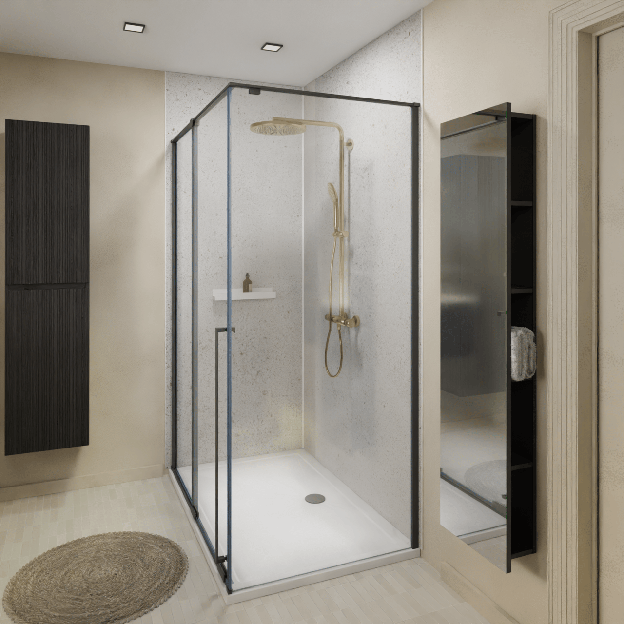 Storke zwevende badkamerkast open met spiegel mat zwart 36 x 16 x 154 cm