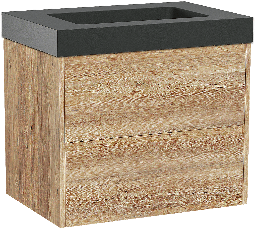 Storke Seda hängendes Möbelstück Set: 75 x 52 cm, Rohe Eiche, mit Scuro High Einzelwaschtisch, Quarz Schwarz matt