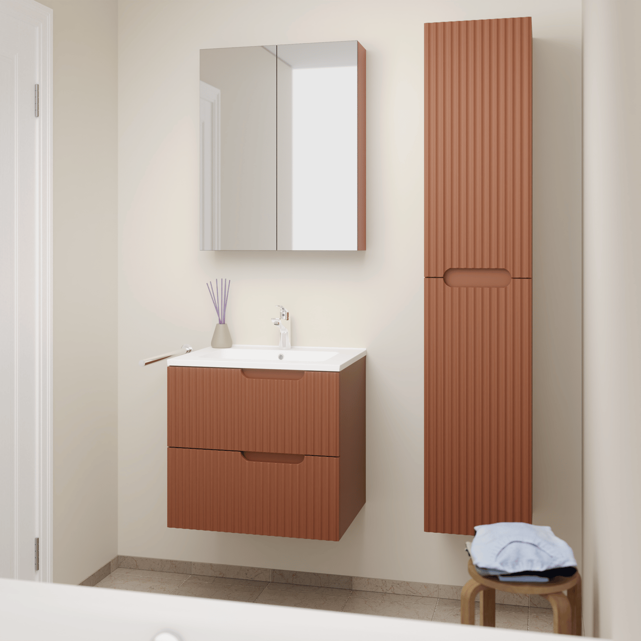 Linie Ribbo hängendes Möbelstück Set: 60 x 46 cm, Cotto, mit Vano Einzelwaschtisch, Marmorkomposit, Weiß matt, Vertikale symmetrische runde Rippe, Montro Spiegelschrank und Ribbo Badhochschrank