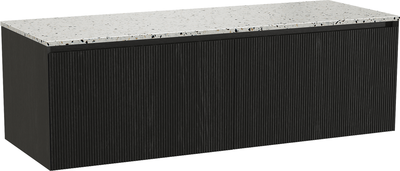 Balmani Fila zwevend badkamermeubel 150 x 55 cm zwarte eik met Stretto enkel of dubbel tablet in mat wit/zwart terrazzo, Verticale symmetrische rechte ribbel