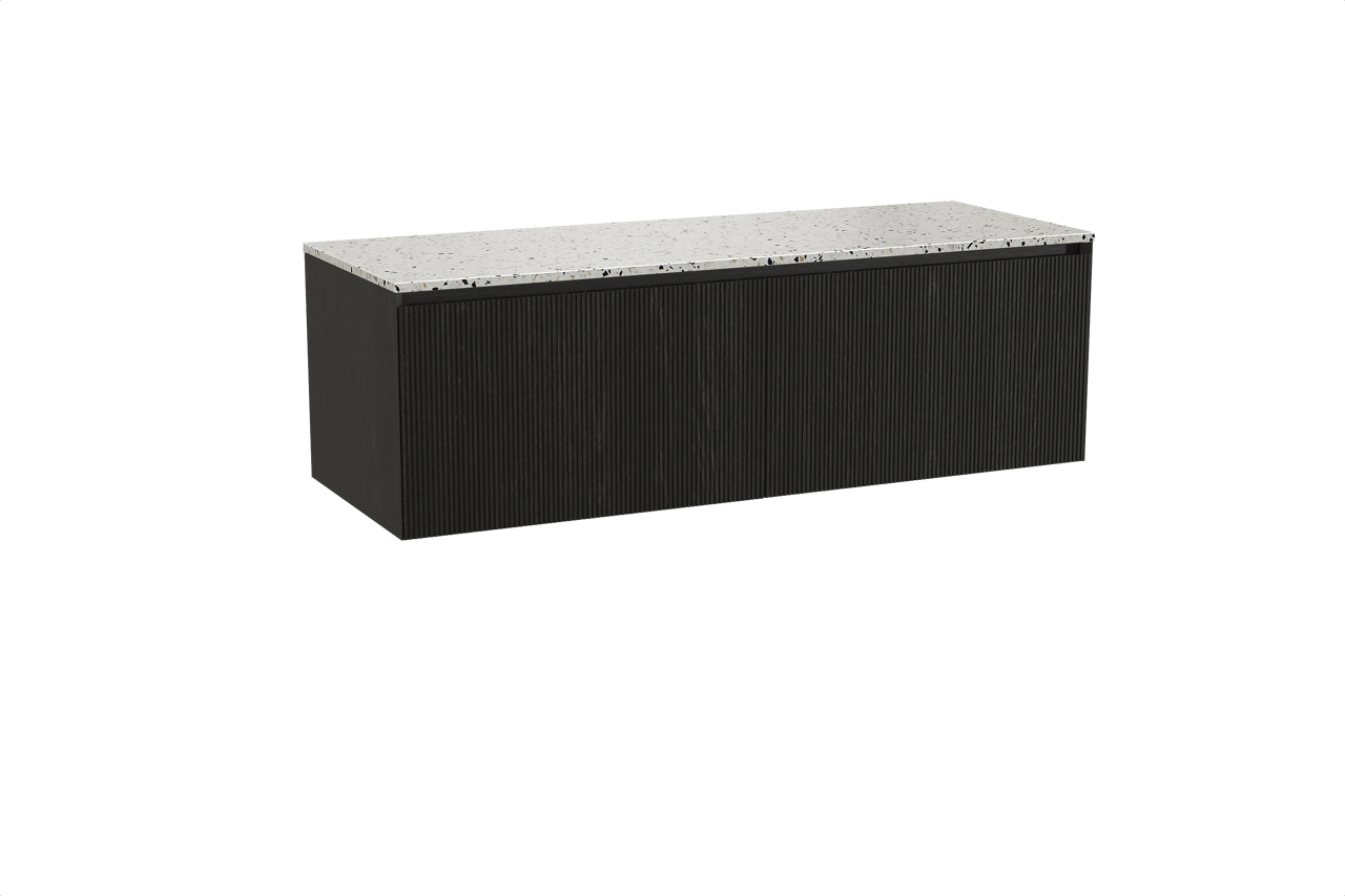 Balmani Fila hängendes Möbelstück Set: 150 x 55 cm, Schwarze Eiche, mit Stretto Einzel- oder Doppel Waschtischplatte, Terrazzo in Weiß/Schwarz matt, Vertikale symmetrische gerade Rippe