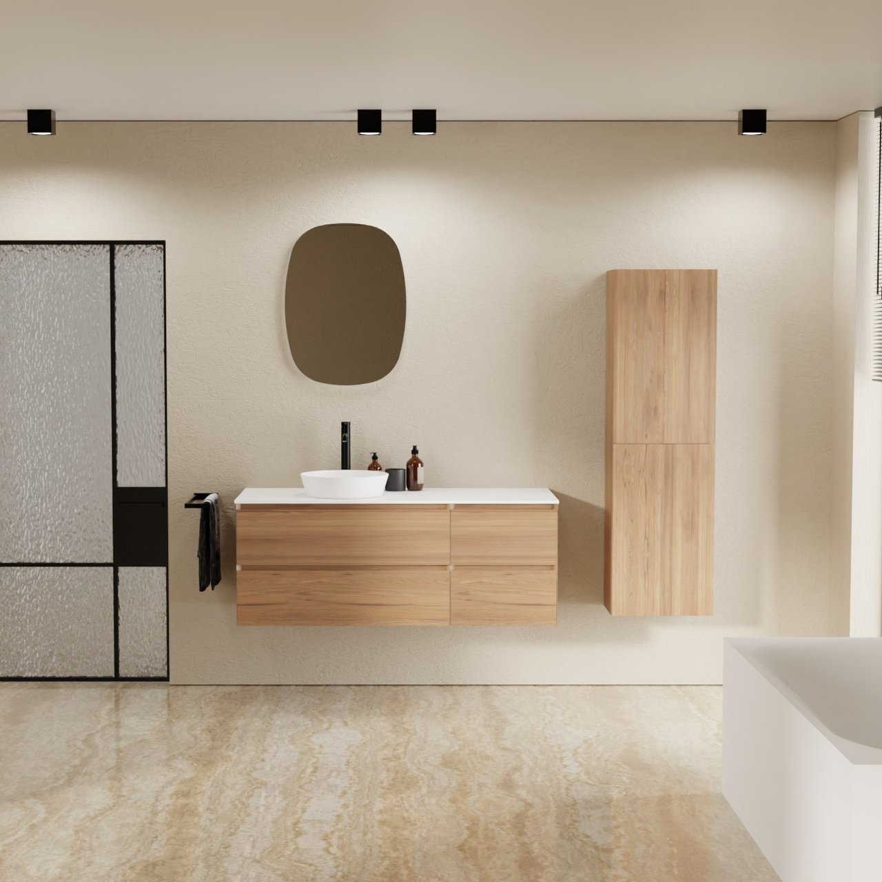 Balmani Mitra hängendes Möbelstück Set: 135 x 55 cm, Teak, mit Stretto Einzel- oder Doppel Waschtischplatte, Solid Surface Weiß matt