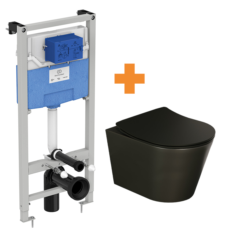 Luca Varess Spirello WC suspendu noir mat bride ouverte avec Ideal Standard ProSys bâti-support