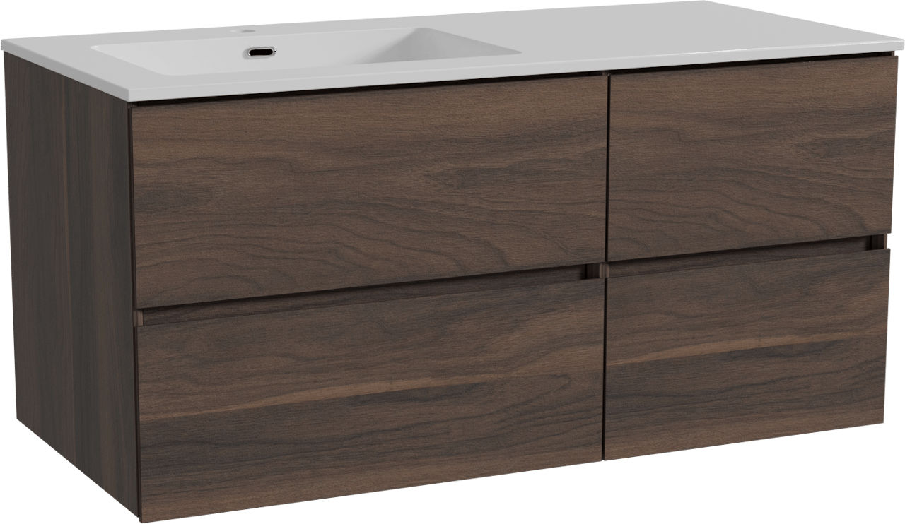 Storke Edge meuble salle de bains suspendu 110 x 52 cm noyer avec Diva vasque asymétrique gauche en marbre composite blanc brillant