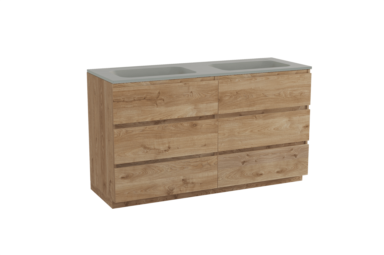 Balmani Lucida freistehendes Möbelstück Set: 150 x 55 cm, Rohe Eiche, mit Tablo Strada Doppelwaschtisch, Marmorkomposit Seidengrau