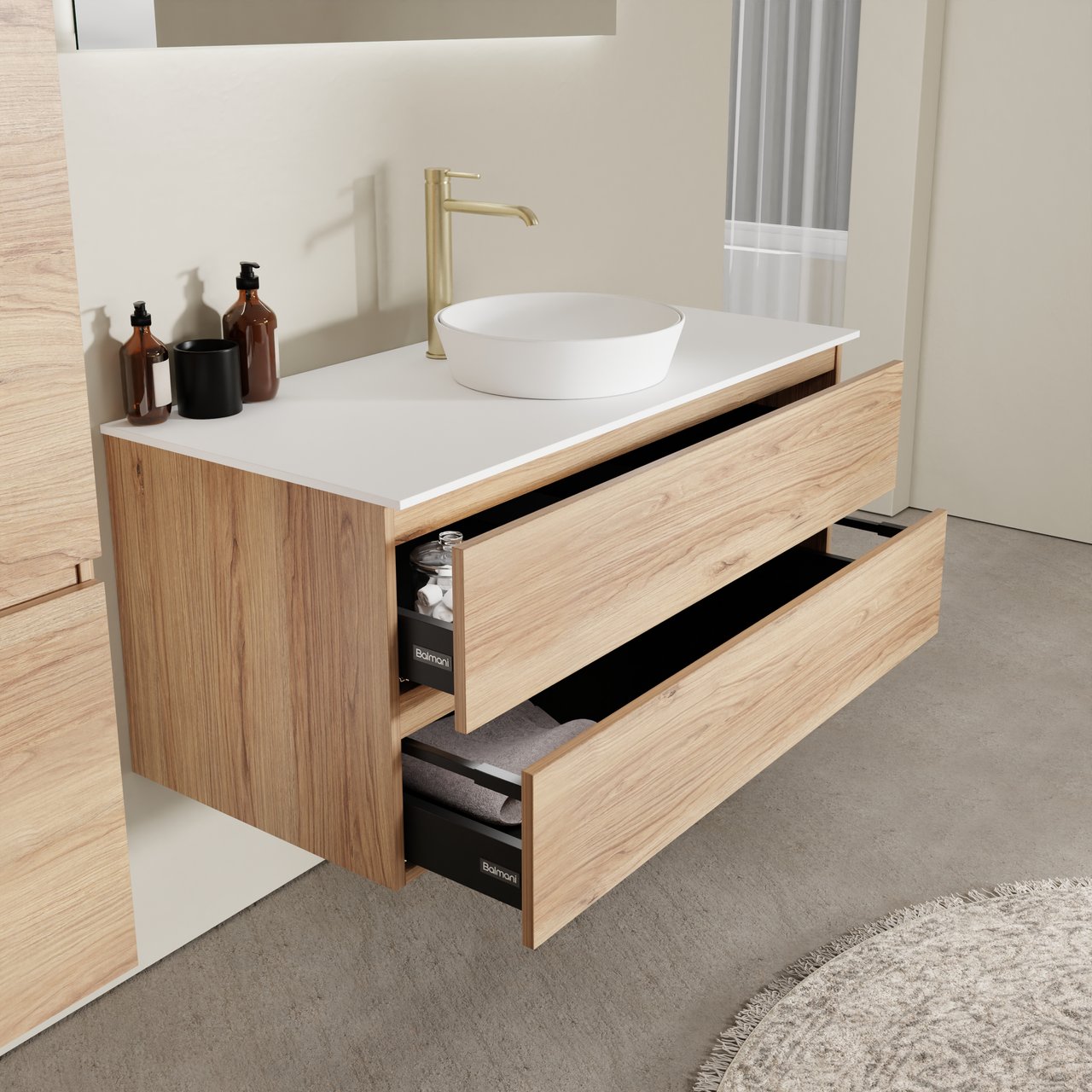 Balmani Lucida meuble salle de bains suspendu 120 x 55 cm teck avec Stretto tablette simple ou double en solid surface blanc mat