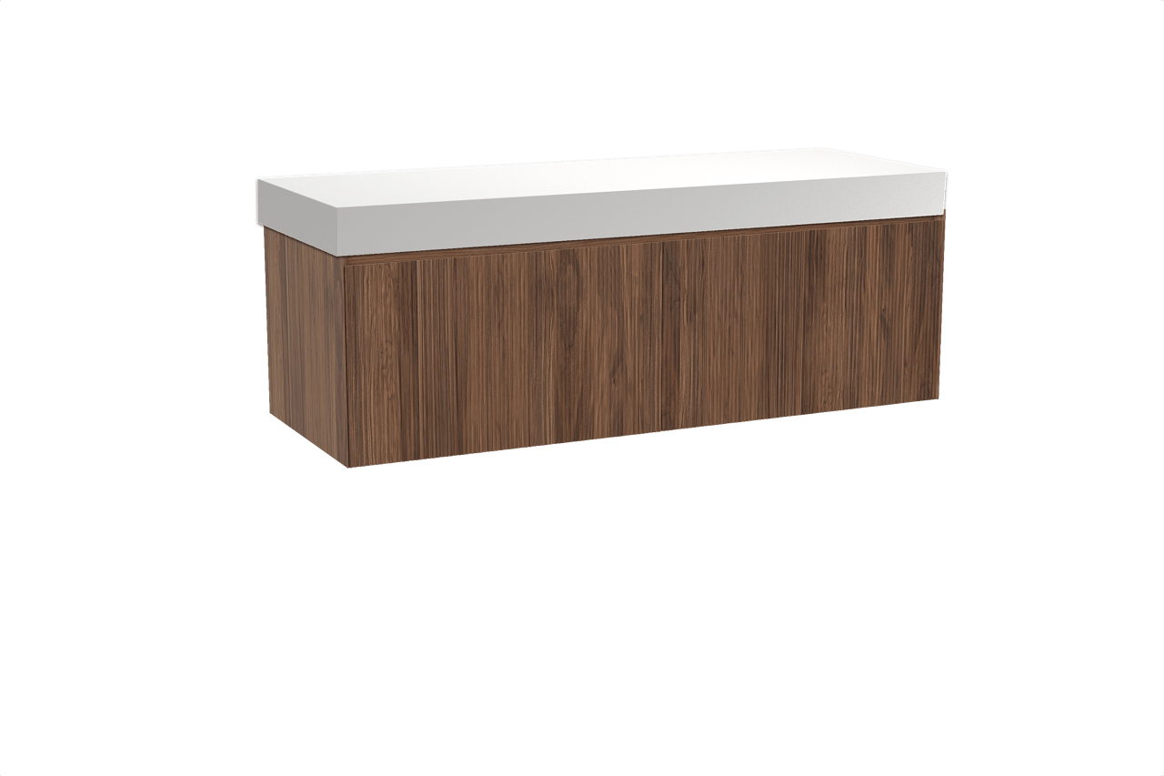 Balmani Fila meuble salle de bains suspendu 150 x 55 cm noyer avec Dominus tablette simple ou double en solid surface blanc mat, Nervure droite symétrique verticale