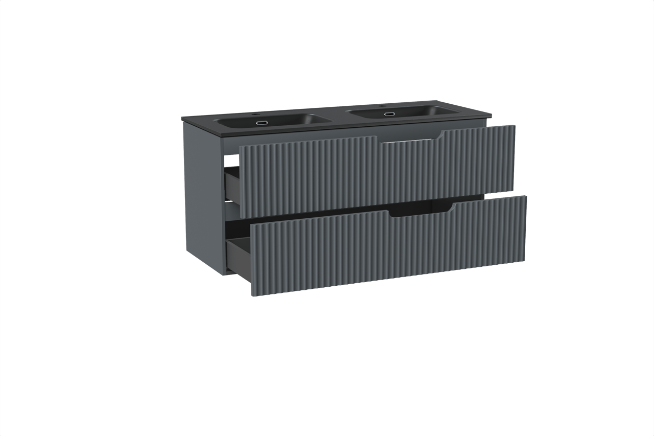 Linie Ribbo meuble salle de bains suspendu 120 x 46 cm bleu anthracite avec Baro double vasque en porcelaine noir mat, Nervure circulaire symétrique verticale