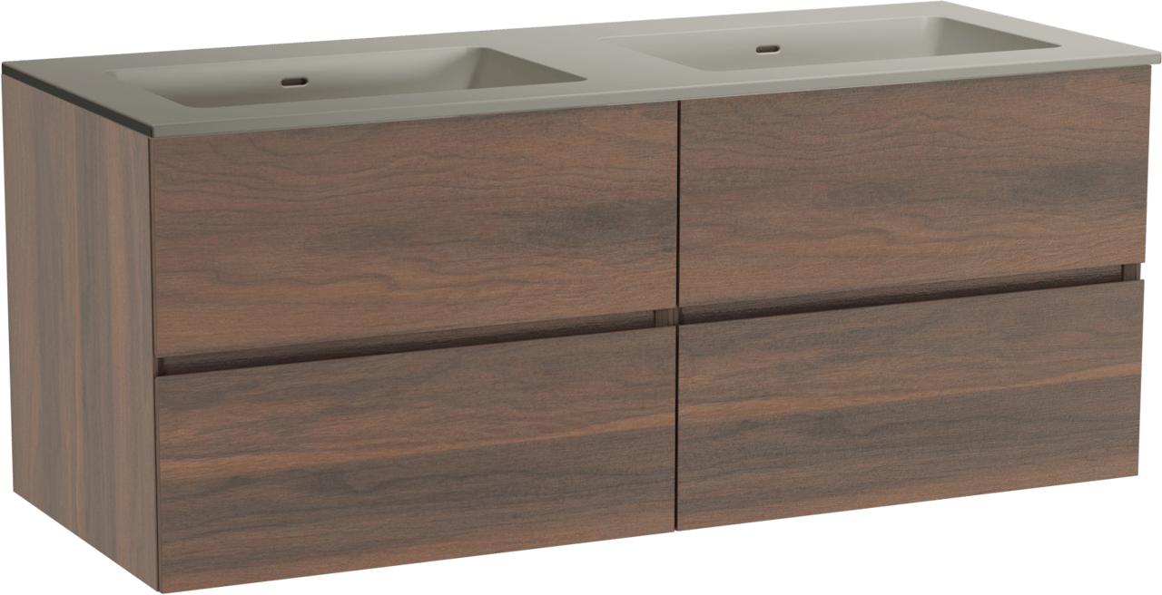 Storke Edge zwevend badmeubel 130 x 52 cm notenhout met Diva dubbele wastafel in top solid zijdegrijs