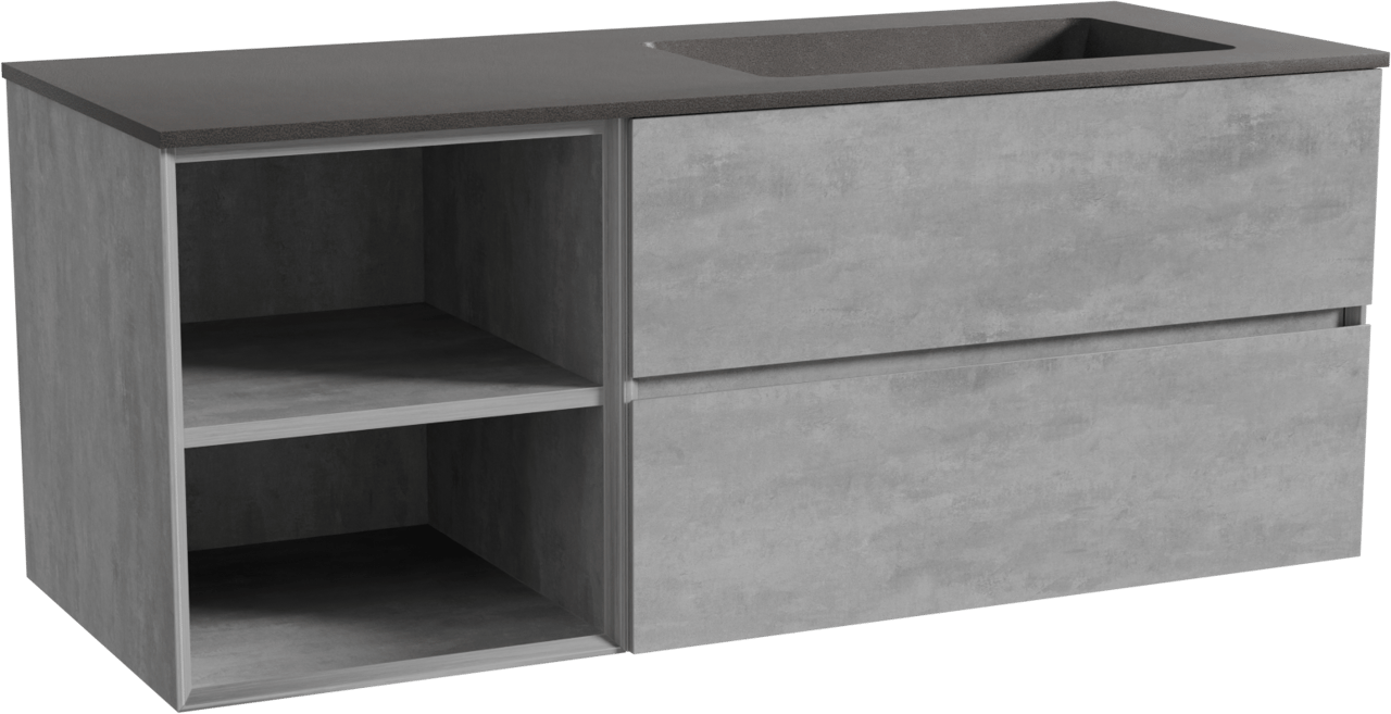 Storke Edge hängendes Möbelstück Set: 130 x 52 cm, Beton dunkelgrau, mit Scuro Waschtisch rechts, Quarz Schwarz matt