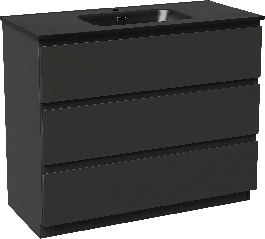 Linie Lado freistehendes Möbelstück Set: 100 x 46 cm, Schwarz matt, mit Baro Einzelwaschtisch, Porzellan Schwarz matt