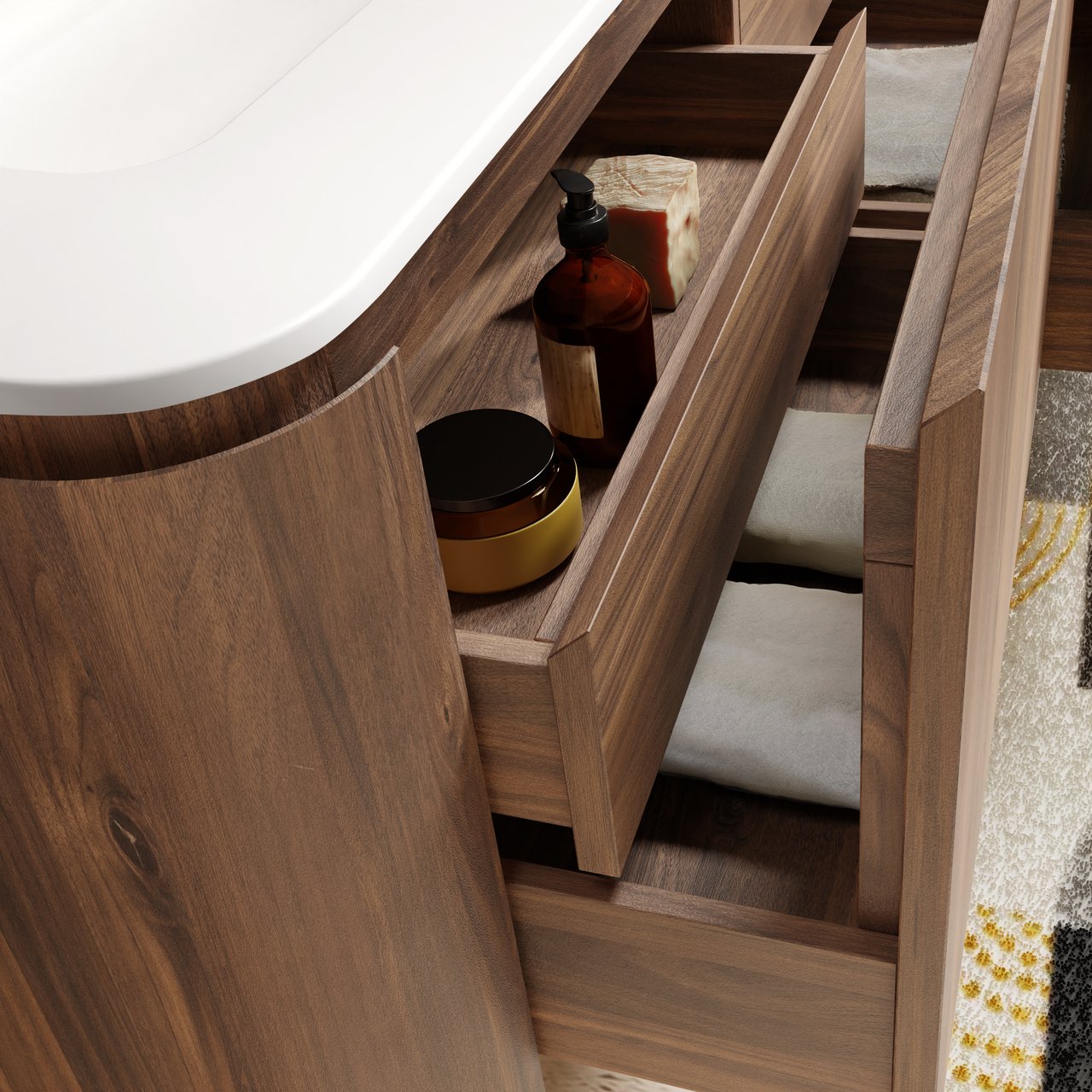 Balmani Moon meuble salle de bains suspendu 130 x 55 cm noyer américain avec Moon tablette simple ou double en solid surface blanc mat