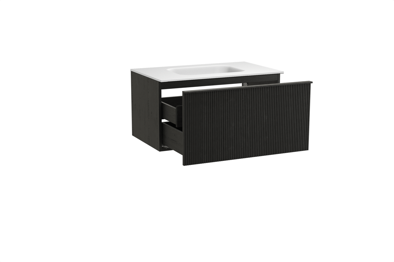 Balmani Forma zwevend badkamermeubel 90 x 55 cm zwarte eik met Tablo Arcato enkele wastafel in solid surface mat wit, Verticale symmetrische rechte ribbel