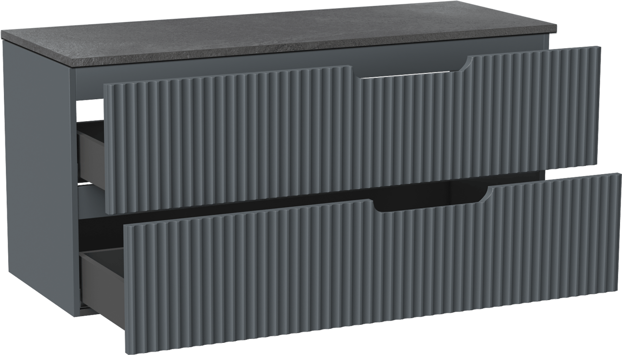 Linie Ribbo zwevend badmeubel 120 x 46 cm blauw antraciet met Lado enkel of dubbel wastafelblad in melamine grijze leisteen, Verticale symmetrische ronde ribbel