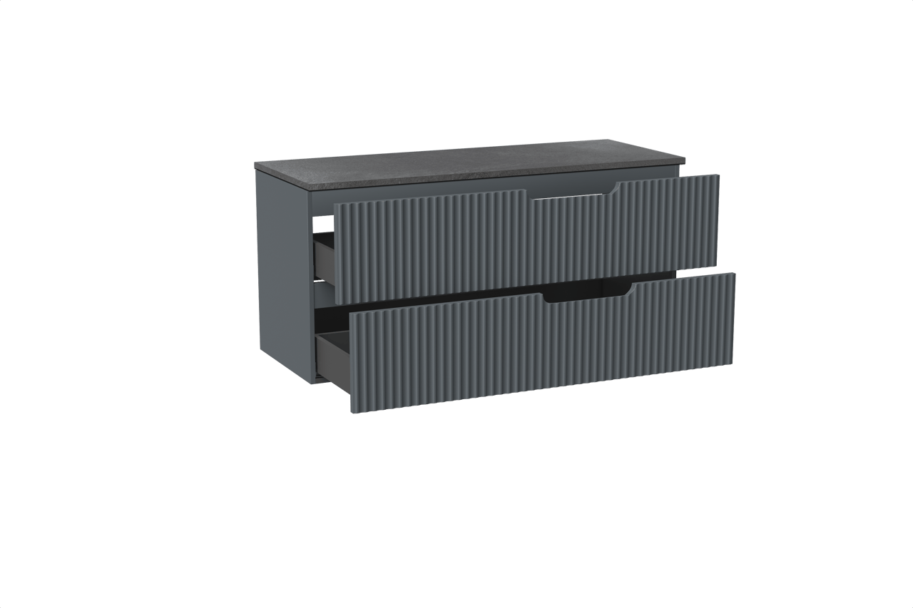 Linie Ribbo hängendes Möbelstück Set: 120 x 46 cm, Anthrazitblau, mit Lado Einzel- oder Doppel Waschtischplatte, Melamin, Schiefergrau, Vertikale symmetrische runde Rippe