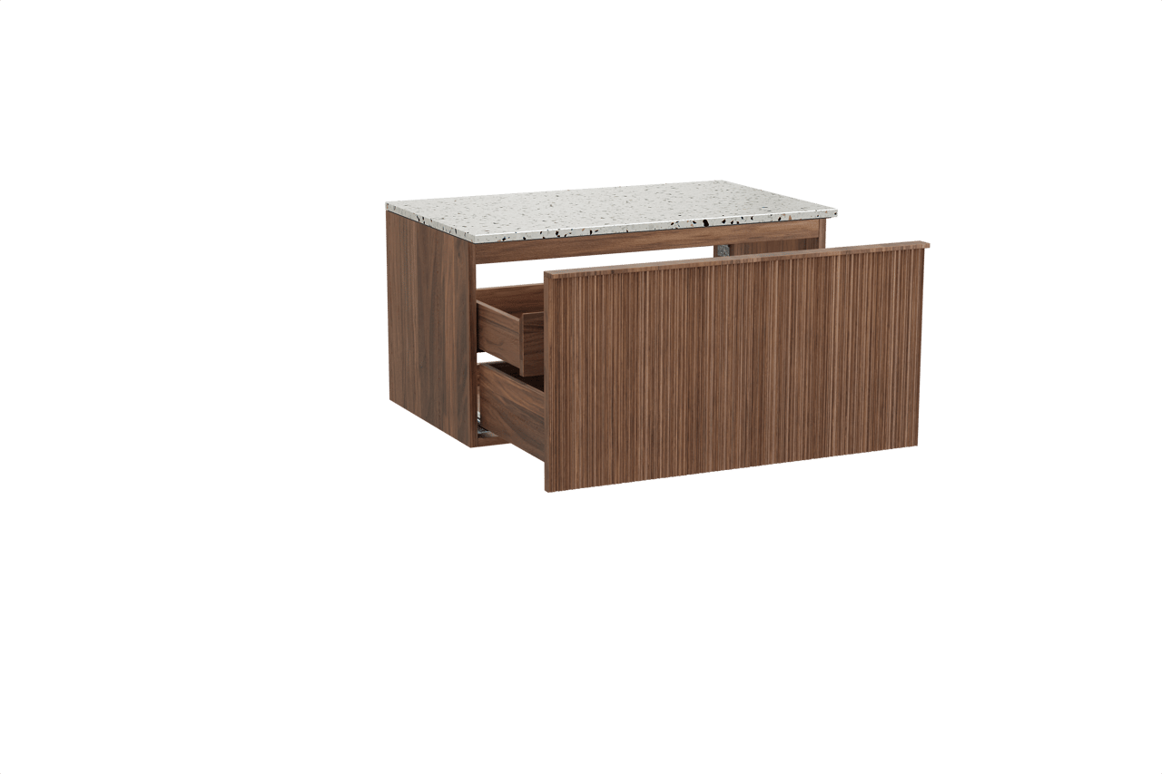 Balmani Forma meuble salle de bains suspendu 90 x 55 cm noyer américain avec Stretto tablette simple en blanc/noir mat terrazzo, Nervure circulaire asymétrique verticale