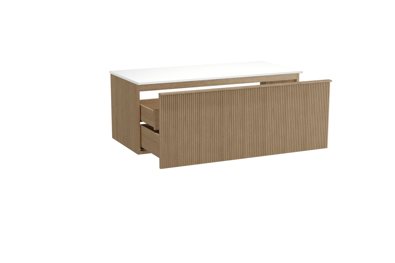 Balmani Forma zwevend badkamermeubel 120 x 55 cm natuur eik met Stretto enkel of dubbel tablet in solid surface mat wit, Verticale symmetrische rechte ribbel