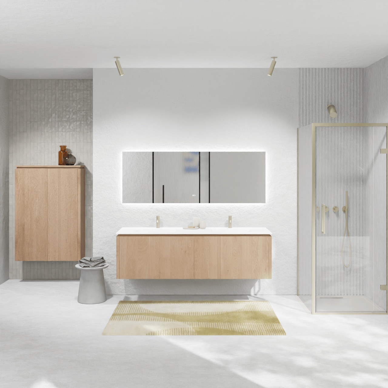 Balmani Eclips meuble salle de bains suspendu 180 x 55 cm Chêne naturelle avec Tablo Arcato double vasque en Solid Surface blanc mat