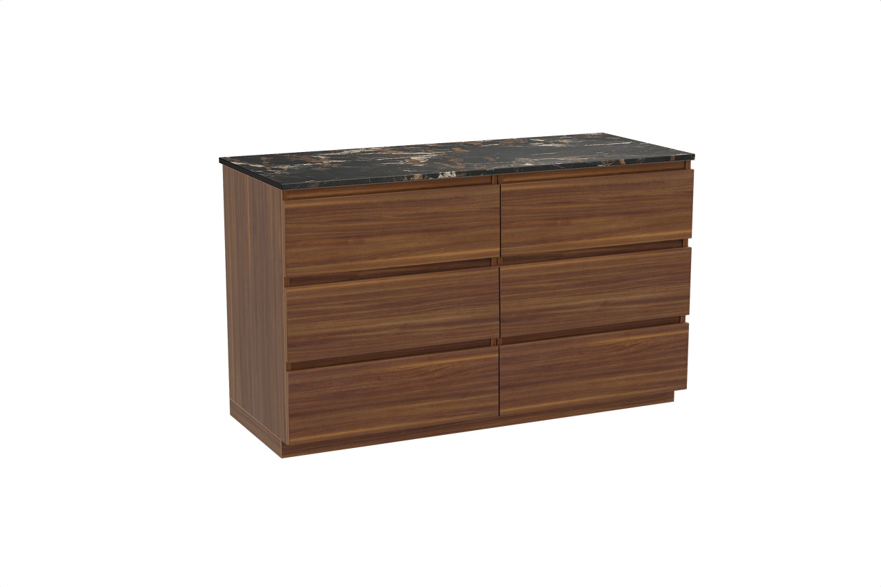 Balmani Lucida staand badkamermeubel 135 x 55 cm amerikaanse notelaar met Stretto enkel of dubbel tablet in marmer portoro gold