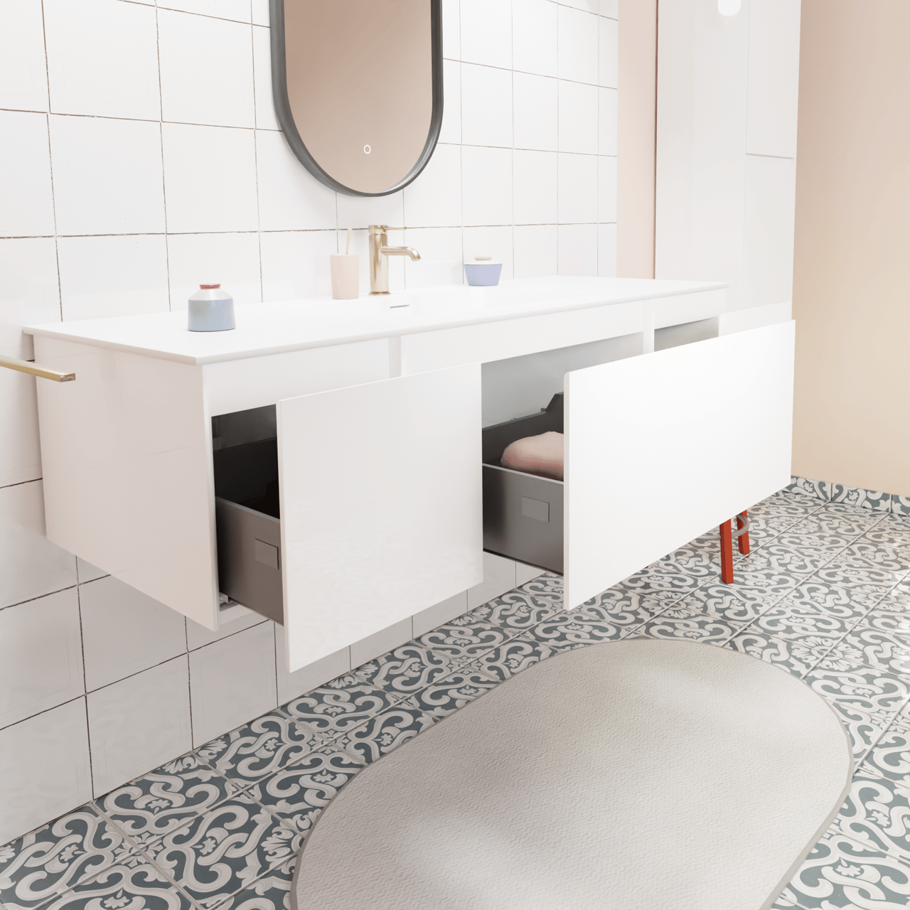 Storke Edge zwevend badkamermeubel 145 x 52 cm glanzend wit met Mata enkele wastafel in solid surface mat wit