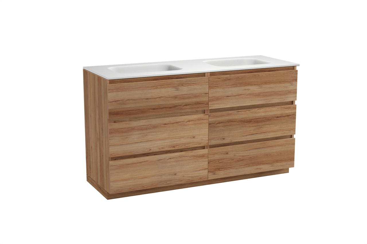 Balmani Lucida freistehendes Möbelstück Set: 150 x 55 cm, Teak, mit Tablo Arcato Doppelwaschtisch, Solid Surface Weiß matt