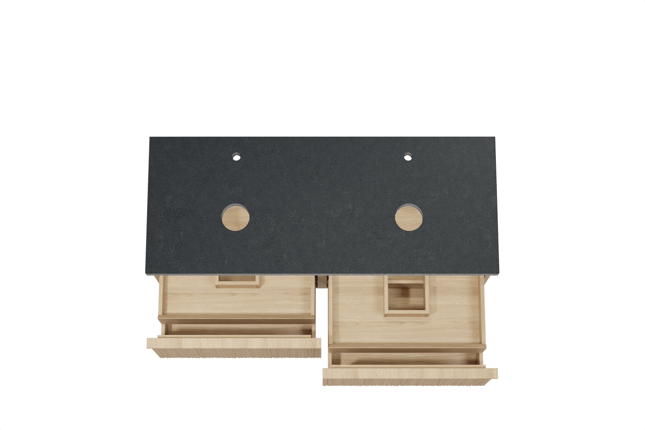 Balmani Forma zwevend badmeubel 135 x 55 cm naturel eiken met Rock dubbel wastafelblad in zwart graniet, Verticale asymmetrische ronde ribbel