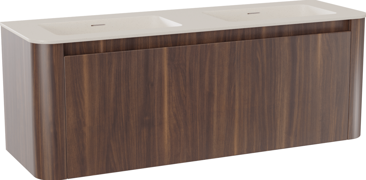 Storke Soft zwevend badmeubel 140 x 46 cm notenhout met Mata Soft dubbele wastafel in solid surface beige granita