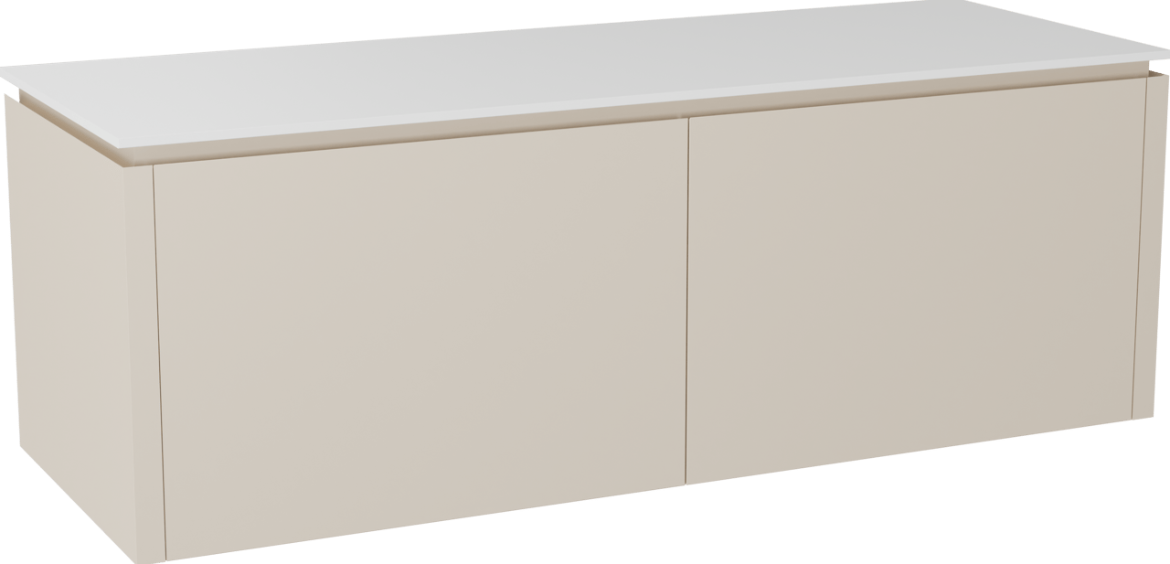 Balmani Eclips meuble salle de bains suspendu 150 x 55 cm Sandbeige avec Stretto tablette simple ou double en Solid Surface blanc mat