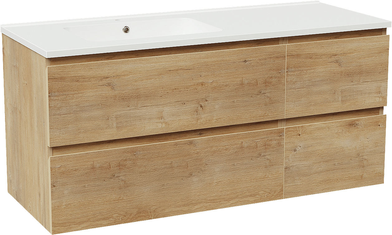 Linie Lado zwevend badkamermeubel 120 x 46 cm natuur eik met Vano asymmetrisch linkse wastafel in composietmarmer glanzend wit