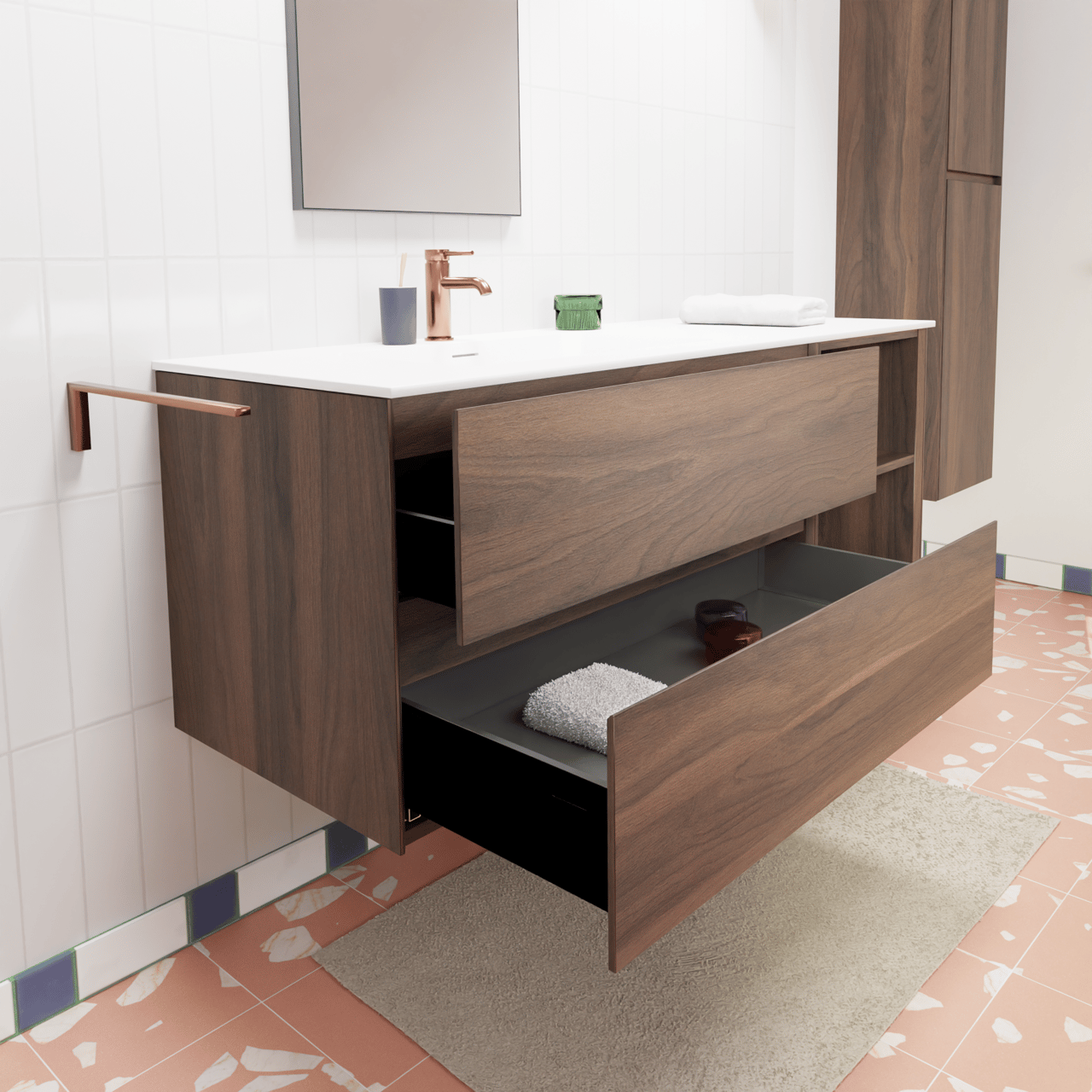 Storke Edge hängendes Möbelstück Set: 140 x 52 cm, Nussbaum, mit Mata Waschtisch links, Solid Surface Weiß matt