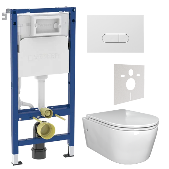 Luca Varess Zeno wc suspendu blanc brillant sans rebord avec Geberit Duofix UP100 Delta bâti-support et plaque de commande