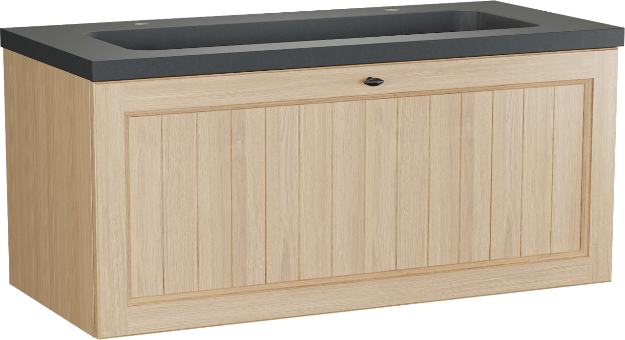 Balmani Lemon zwevend badkamermeubel 120 x 55 cm, fineer natuur eik met Napoli enkele wastafel voor 2 kraangaten in graniet zwart