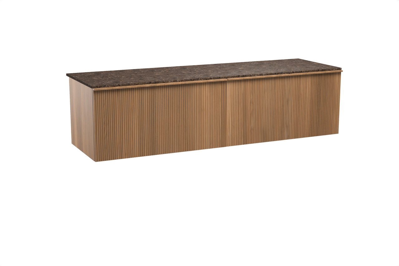 Balmani Forma hängendes Möbelstück Set: 180 x 55 cm, Teak, mit Stretto Einzel- oder Doppel Waschtischplatte, Marmor, Dark Emperador, Vertikale symmetrische gerade Rippe