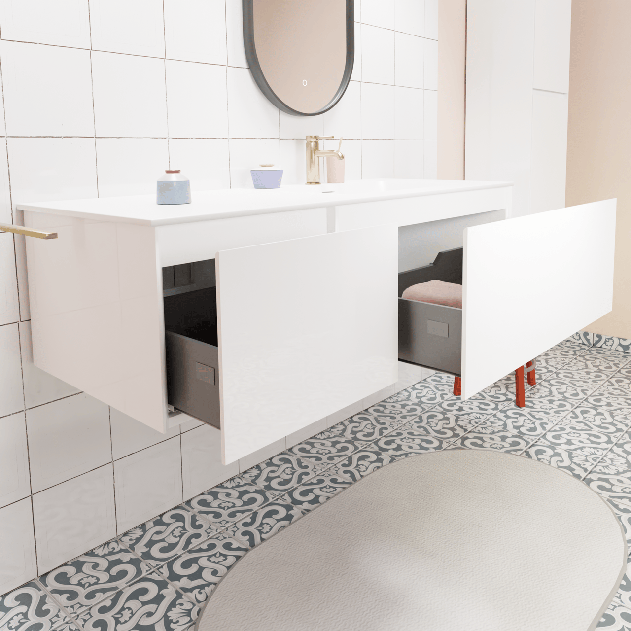 Storke Edge hängendes Möbelstück Set: 130 x 52 cm, Weiß glänzend, mit Mata Waschtisch rechts, Solid Surface Weiß matt