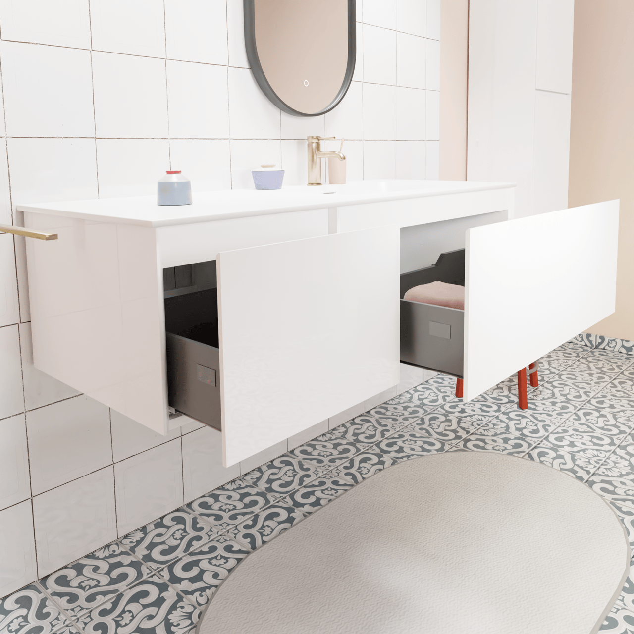 Storke Edge zwevend badkamermeubel 130 x 52 cm glanzend wit met Mata asymmetrisch rechtse wastafel in solid surface mat wit