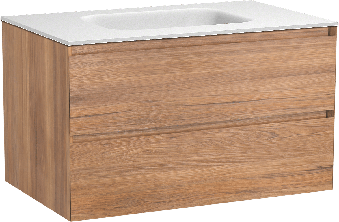 Balmani Mitra zwevend badmeubel 90 x 55 cm teakhout met Tablo Arcato enkele wastafel in solid surface mat wit